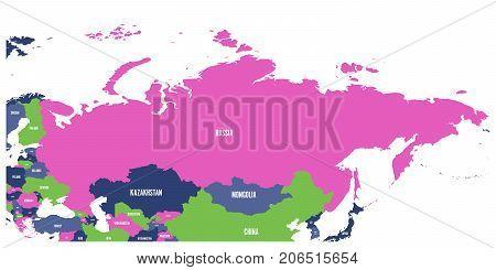 Political map of Russia and surrounding European and Asian countries. Four shades of green map with white labels on white background. Vector illustration.