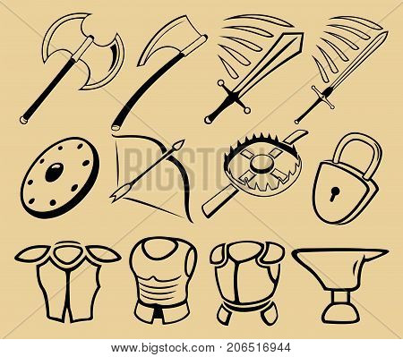 Vector arts with medieval different weapon, armor, lock, anvil and trap.
