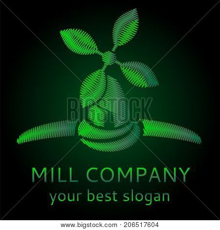 embroidery Ecological vector logo concept. Organic vegan windmill logotype with grean leaves