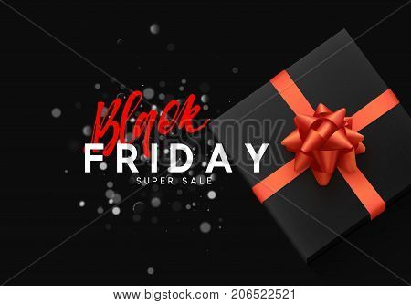 Black Friday sale, banner, poster advert. Card offert promotion design. Background lights bokeh and black gift box with red bow.