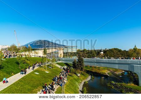 Moscow, Russia - September 23. 2017. Tourists walk in a new park Zaryadye