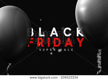 Black Friday sale, banner, poster advert. Card offert promotion design. Background lights bokeh and black air balloon