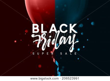 Black Friday sale, banner, poster advert. Card offert promotion design. Background lights bokeh, red and blue air balloon