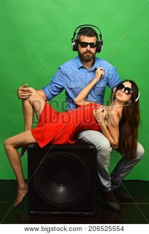 Relax And Melomania Concept. Man With Beard Wears Headphones