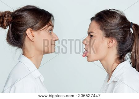 Studio profile portrait of young female twins sisters on gray