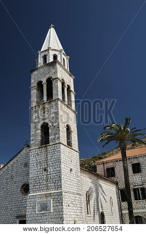 Tower of medieval church in the town of Dubrownik in Croatia