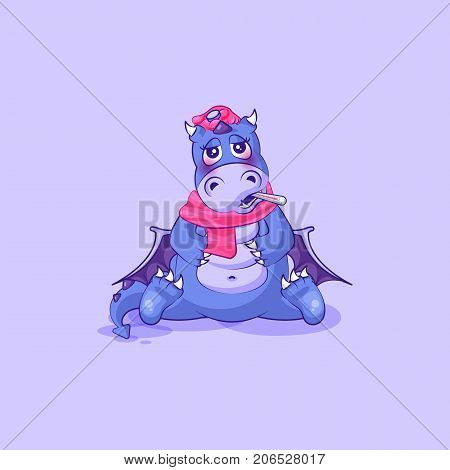 Vector Stock Illustration isolated Emoji character cartoon dragon dinosaur sick with thermometer in mouth sticker emoticon for site, info graphics, video, animation, website, mail, newsletters, report