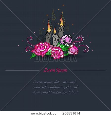 Text copy frame template with candles and pink roses. Funeral card. Day of the dead (Dia de los muertos). Happy Halloween. Vector illustration.