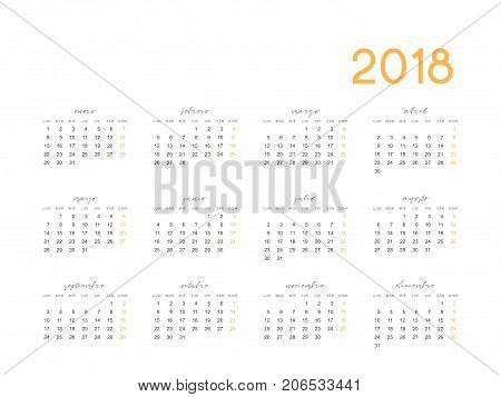 Simple template for printing modern calendar 2018 in Spanish. Week starts from Monday.