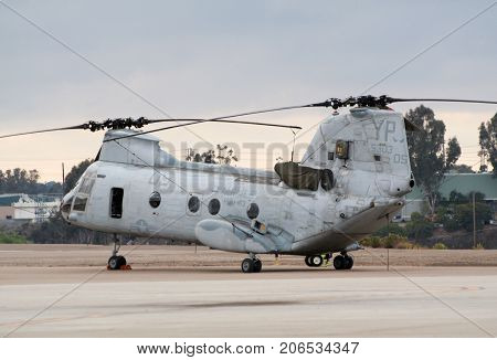 MIRAMAR CALIFORNIA USA - OCTOBER 15: US Marines CH-46 Sea Knight helicopter on the apron after it's performance at the Miramar Air Show October 15 2006 in Miramar California USA.