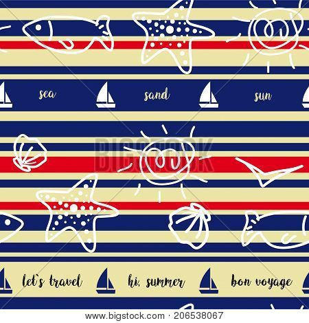 seamless pattern with sea-life elements and yacht