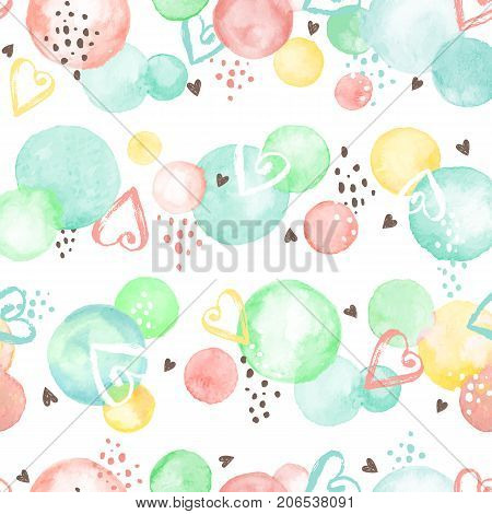 Watercolor texture. Aquarelle circles in fansy colors. Seamless pattern. Watercolor circles with dry brush hearts isolated on white background.
