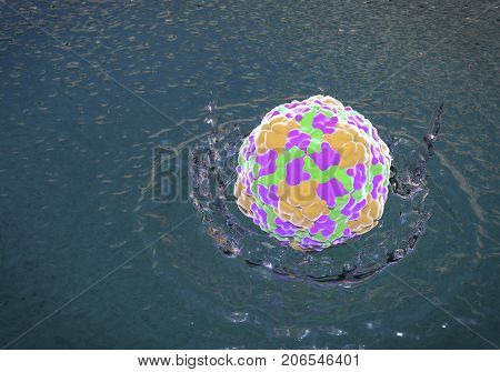 Waterborne viruses, conceptual image. 3D illustration showing Hepatitis A virus dropped into water