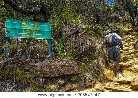 Ranau,Sabah,Malaysia-March13,2016:Mountaineer climbing to the top of the majestic mount Kinabalu through Timpohon trail in Ranau,Sabah Borneo.