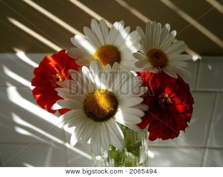 束鲜花在阳光明媚的窗口