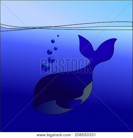 blue whale is immersed with bubbles, cartoon design. vector