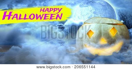 Digital image of happy Halloween text against moon lighting the water 