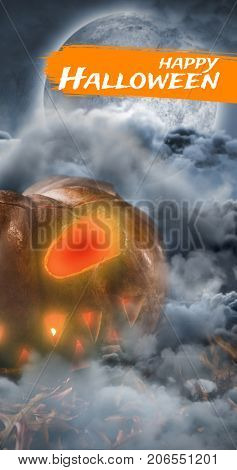 Digital image of happy Halloween text against landscape of lakefront hiding the moon 