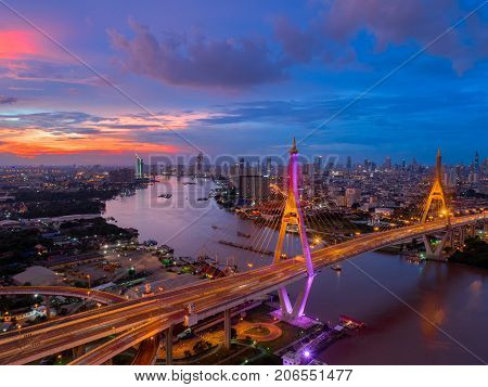 Bangkok Expressway top view Top view over the highwayexpressway and motorway at night Aerial view interchange of a city Shot from drone Expressway is an important infrastructure in Thailand