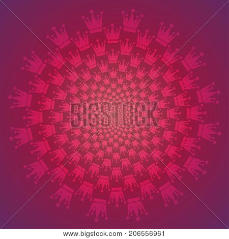 Round Background Consisting Of Crowns. Silhouette Of The Crown. Hulfton Pattern In Spiral. Multicolo
