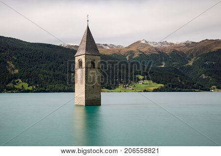 Submerged church at Lake Reschen South Tyrol Italy