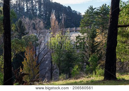 Dam wall of the Maroondah Reservoir outside Healesville in the Yarra Valley in Australia.