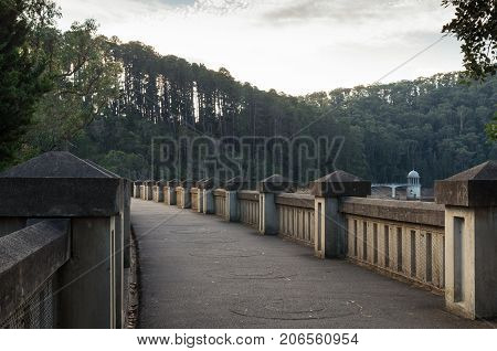 Dam wall of the Maroondah Reservoir outside Healesville in the Yarra Valley in Australia.