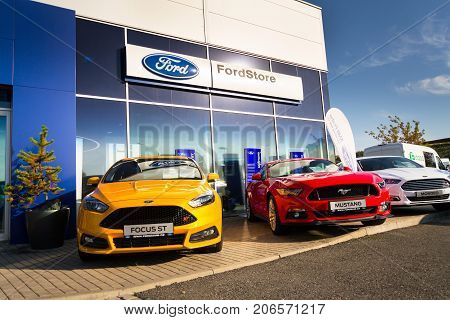 Prague, Czech Republic - September 29: Cars In Front Of Ford Motor Company Dealership Building On Se