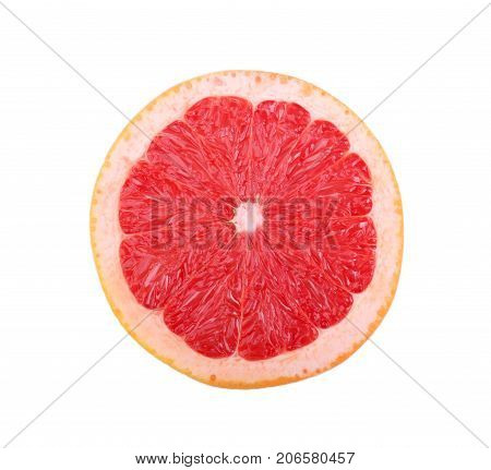 Closeup of bright sappy grapefruit. A round large bright red citrus fruit full of vitamins for heath, wholesome diets and effective weight loss isolated on a white background. Citrus fruits.