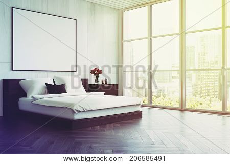 White Wooden Bedroom With A Poster, Side Toned