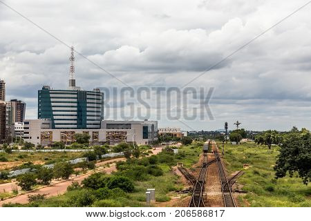 Railroad And Rapidly Developing Central Business District, Gaborone, Botswana, Africa, 2017
