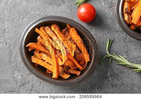 Sweet potato fries on table