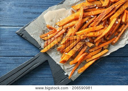 Sweet potato fries on table
