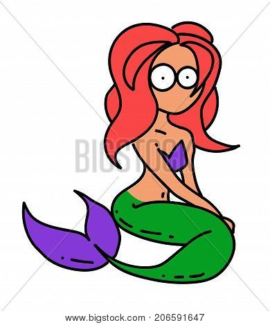 Mermaid cartoon hand drawn image. Original colorful artwork, comic childish style drawing.