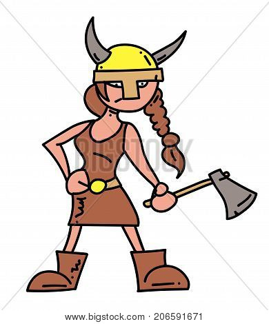 Viking girl cartoon hand drawn image. Original colorful artwork, comic childish style drawing.