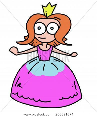 Princess cartoon hand drawn image. Original colorful artwork, comic childish style drawing.