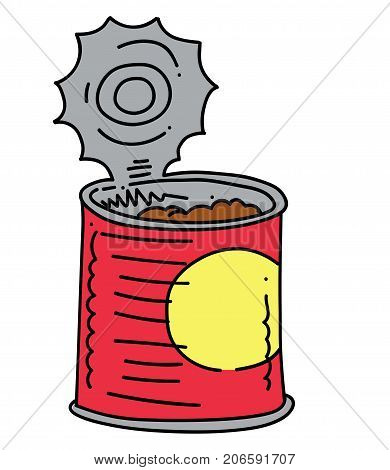 Canned food cartoon hand drawn image. Original colorful artwork, comic childish style drawing.