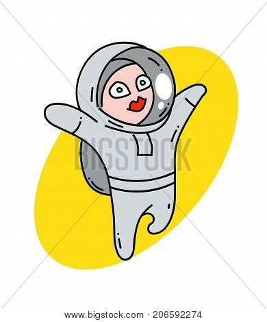 Female astranaut cartoon hand drawn image. Original colorful artwork, comic childish style drawing.