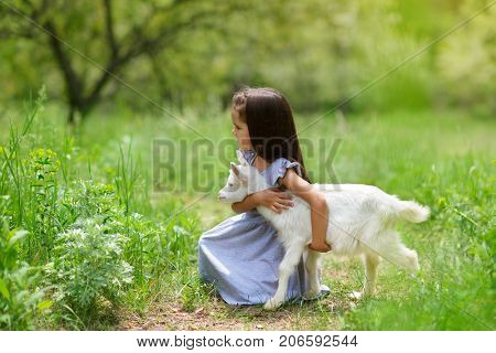 Little girl plays and hugs goatling in country, spring nature outdoor. Cute kid with baby animal, countryside outdoor portrait, forest, trod, glade background. Friendship of child and yeanling