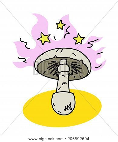 Magic toadstool cartoon hand drawn image. Original colorful artwork, comic childish style drawing.