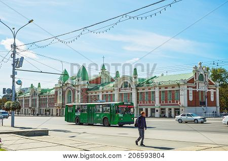 Novosibirsk Siberia Russia - September 17 2017: the building of the Novosibirsk state regional Museum Krasny prospect building 23 (year of construction 1911)