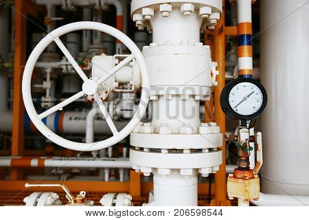 Valves manual in the production process. Production process used manual valve to control the system, Operator open and close or function the valve for controlled pressure or gas and oil flow rate.