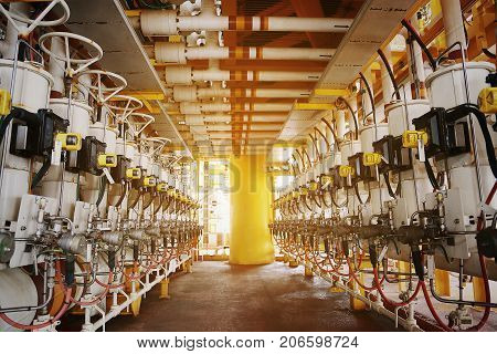 Manifold line of oil and gas production which controlled by program or technician petroleum. The valve function to close and open by programmable by control room for control oil and gas production.