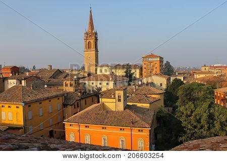 Church Tower in historic city center of Vignola Italy