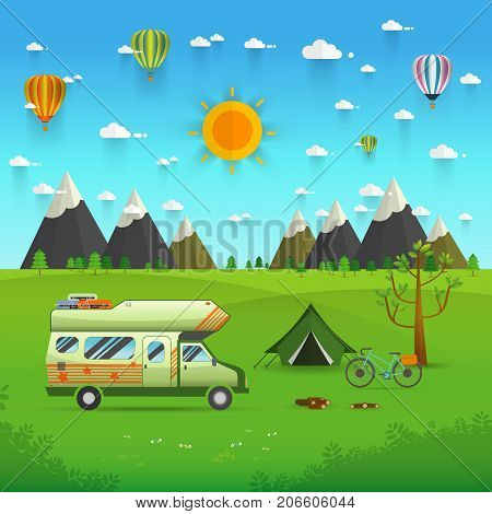 National mountain park camping scene with family trailer caravan . Campsite place landscape with RV traveler truck tentbike campfire Hiking journey vacation concept.vector illustration