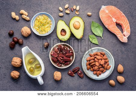 Selection Food Sources Of Omega 3 And Unsaturated Fats. Superfood High Vitamin E And Dietary Fiber F