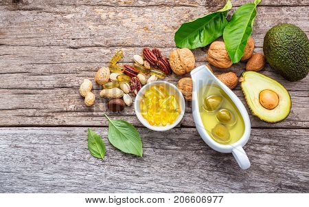Selection Food Sources Of Omega 3 And Unsaturated Fats. Superfood High Vitamin E And Dietary Fiber F