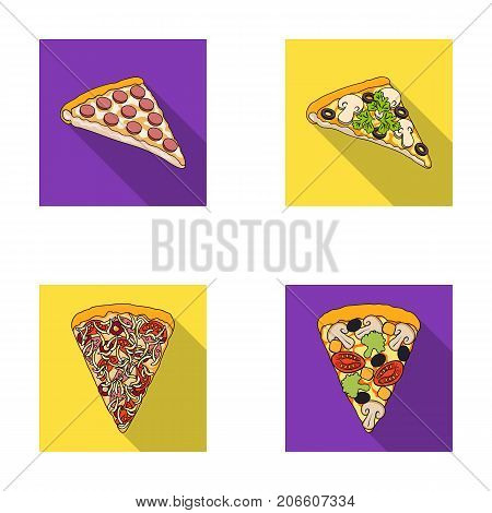 A slice of pizza with different ingredients. Different pizza set collection icons in flat style vector symbol stock illustration .