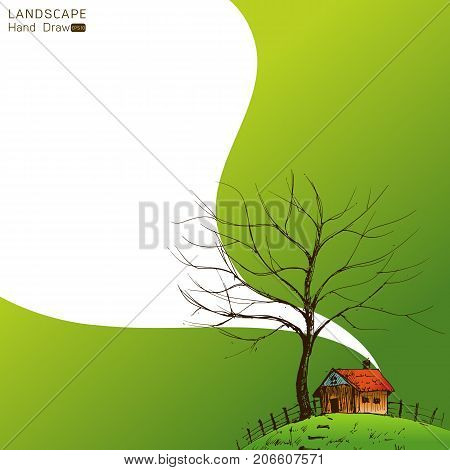stylized landscape with a house on the hill Hand drawn stylevector background illustration