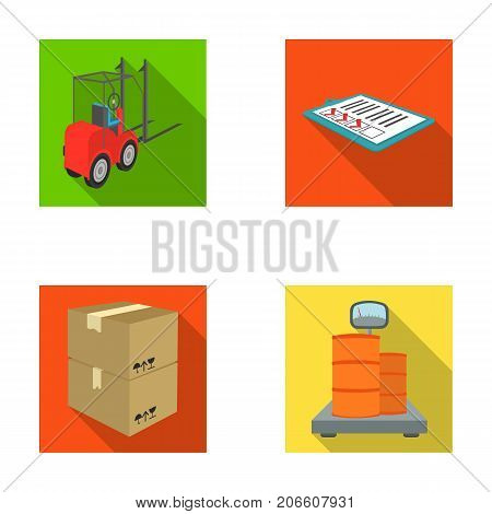 Forklift, delivery slips, packaged goods, cargo on weighing scales. Logistics and delivery set collection icons in flat style isometric vector symbol stock illustration .